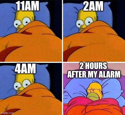 Homer Simpson Sleeping Template | 11AM; 2AM; 4AM; 2 HOURS 
AFTER MY ALARM | image tagged in homer simpson sleeping template | made w/ Imgflip meme maker