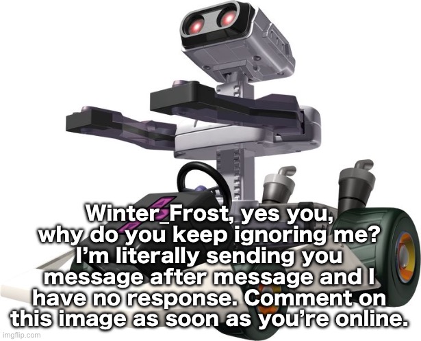 R.O.B. Mario Kart DS | Winter_Frost, yes you, why do you keep ignoring me? I’m literally sending you message after message and I have no response. Comment on this image as soon as you’re online. | image tagged in r o b mario kart ds | made w/ Imgflip meme maker