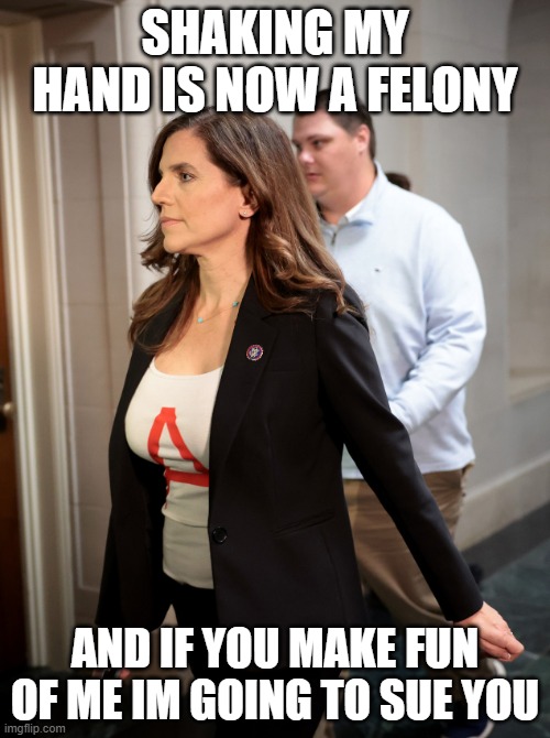 maggot mentality, dont believe the victim | SHAKING MY HAND IS NOW A FELONY; AND IF YOU MAKE FUN OF ME IM GOING TO SUE YOU | image tagged in nancy mace scarlet a shirt jpp | made w/ Imgflip meme maker