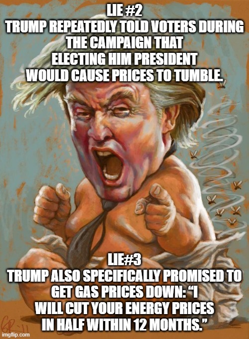 already backtracking- feel fleeced yet-maggots | LIE #2
TRUMP REPEATEDLY TOLD VOTERS DURING THE CAMPAIGN THAT ELECTING HIM PRESIDENT WOULD CAUSE PRICES TO TUMBLE. LIE#3
TRUMP ALSO SPECIFICALLY PROMISED TO GET GAS PRICES DOWN: “I WILL CUT YOUR ENERGY PRICES IN HALF WITHIN 12 MONTHS.” | image tagged in trump baby infant full diaper | made w/ Imgflip meme maker