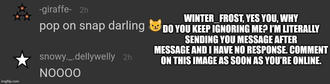 WINTER_FROST, YES YOU, WHY DO YOU KEEP IGNORING ME? I’M LITERALLY SENDING YOU MESSAGE AFTER MESSAGE AND I HAVE NO RESPONSE. COMMENT ON THIS IMAGE AS SOON AS YOU’RE ONLINE. | made w/ Imgflip meme maker