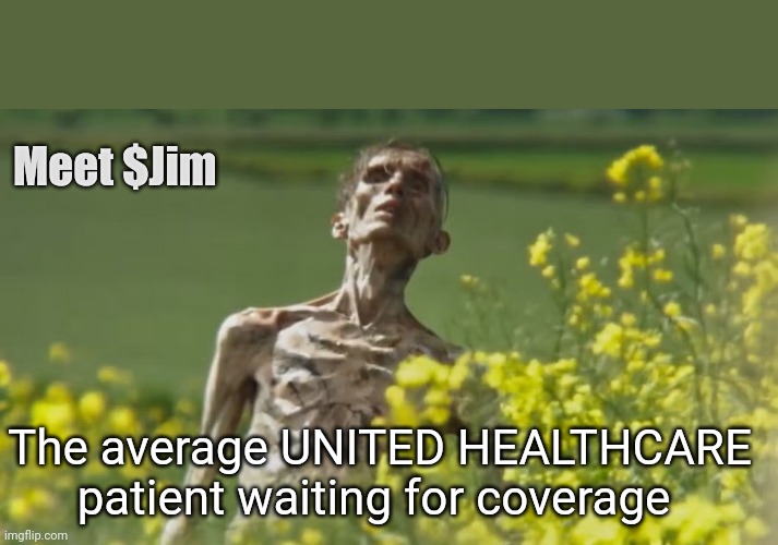 $Jim United Healthcare patient | Meet $Jim; The average UNITED HEALTHCARE patient waiting for coverage | image tagged in memes,funny,healthcare,zombie,horror movie | made w/ Imgflip meme maker