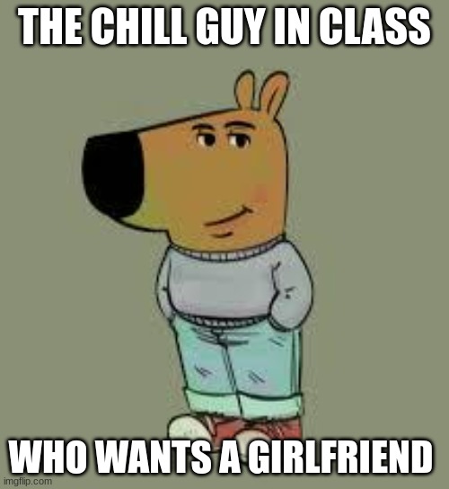 low key just a chill guy | THE CHILL GUY IN CLASS; WHO WANTS A GIRLFRIEND | image tagged in low key just a chill guy | made w/ Imgflip meme maker