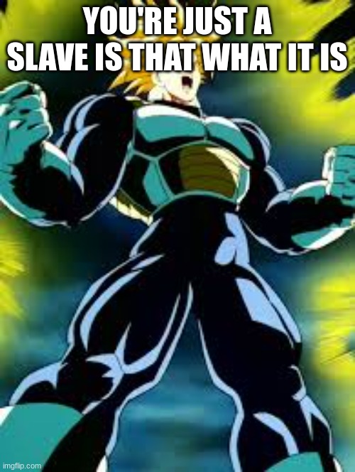 Future Trunks | YOU'RE JUST A SLAVE IS THAT WHAT IT IS | image tagged in future trunks | made w/ Imgflip meme maker