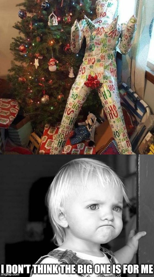 CURSED PRESENT | I DON'T THINK THE BIG ONE IS FOR ME | image tagged in frown kid,cursed image,christmas,christmas tree | made w/ Imgflip meme maker