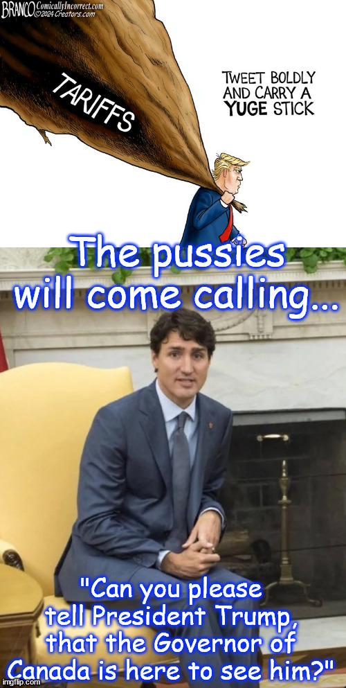 No doubt about it... bye bye lame duck Biden | The pussies will come calling... "Can you please tell President Trump, that the Governor of Canada is here to see him?" | image tagged in tariffs,donald trump,everyone knows who is in charge now | made w/ Imgflip meme maker