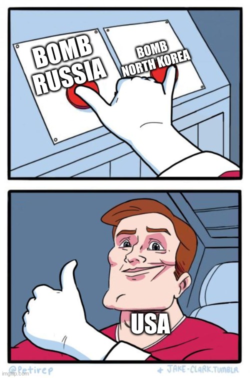 Pressing Both Buttons | BOMB NORTH KOREA; BOMB RUSSIA; USA | image tagged in pressing both buttons | made w/ Imgflip meme maker