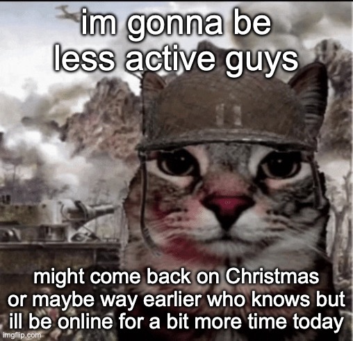 Thousand yard stare cat | im gonna be less active guys; might come back on Christmas or maybe way earlier who knows but ill be online for a bit more time today | image tagged in thousand yard stare cat | made w/ Imgflip meme maker