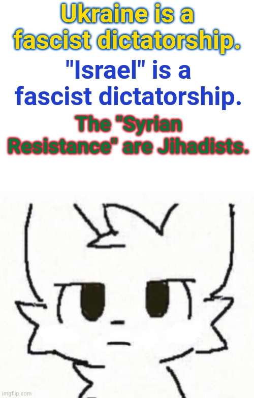 Think about it. | Ukraine is a fascist dictatorship. "Israel" is a fascist dictatorship. The "Syrian Resistance" are Jihadists. | image tagged in syria,ukraine,israel | made w/ Imgflip meme maker