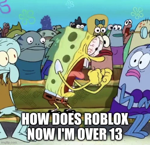 Spongebob Yelling | HOW DOES ROBLOX NOW I'M OVER 13 | image tagged in spongebob yelling | made w/ Imgflip meme maker