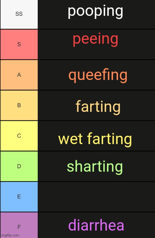 tierlist | pooping peeing queefing farting wet farting sharting diarrhea | image tagged in tierlist | made w/ Imgflip meme maker