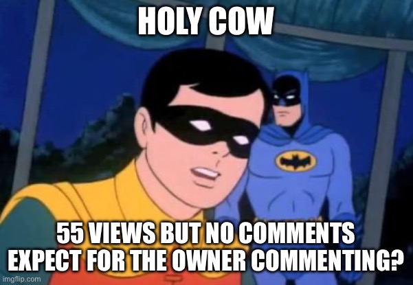 HOLY COW 55 VIEWS BUT NO COMMENTS EXPECT FOR THE OWNER COMMENTING? | image tagged in holy _______ batman | made w/ Imgflip meme maker