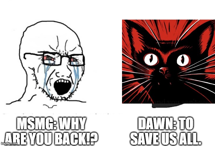 Chat give me some W's for Dawn | DAWN: TO SAVE US ALL. MSMG: WHY ARE YOU BACK!? | image tagged in soyboy vs yes chad,dawn,msmg,memes,gigachad,based | made w/ Imgflip meme maker