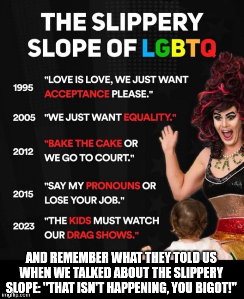 The LGBTQ group has a huge pedophile problem. | AND REMEMBER WHAT THEY TOLD US WHEN WE TALKED ABOUT THE SLIPPERY SLOPE: "THAT ISN'T HAPPENING, YOU BIGOT!" | image tagged in evil,leftists,drag queen,gay | made w/ Imgflip meme maker