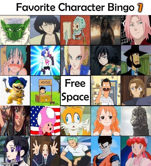 favorite character bingo 7 | 7 | image tagged in favorite character bingo,7,videogames,anime,movies,comics/cartoons | made w/ Imgflip meme maker