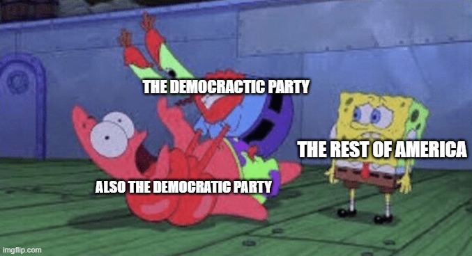 As the saying goes: "They eat their own." | THE DEMOCRACTIC PARTY; THE REST OF AMERICA; ALSO THE DEMOCRATIC PARTY | image tagged in mr krabs choking patrick,memes,self-destruction,election 2024 | made w/ Imgflip meme maker