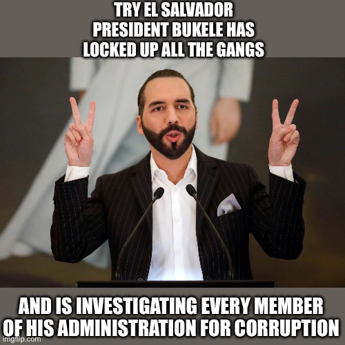 El Salvador President Nayib Bukele | TRY EL SALVADOR
PRESIDENT BUKELE HAS
LOCKED UP ALL THE GANGS AND IS INVESTIGATING EVERY MEMBER OF HIS ADMINISTRATION FOR CORRUPTION | image tagged in el salvador president nayib bukele | made w/ Imgflip meme maker