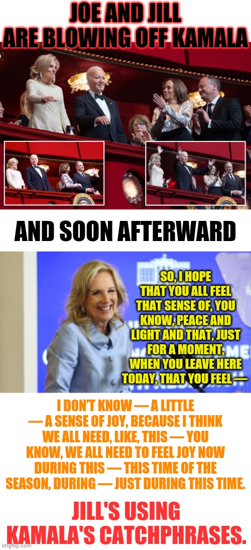 One Day... | JOE AND JILL ARE BLOWING OFF KAMALA; AND SOON AFTERWARD; SO, I HOPE THAT YOU ALL FEEL THAT SENSE OF, YOU KNOW, PEACE AND LIGHT AND THAT, JUST FOR A MOMENT, WHEN YOU LEAVE HERE TODAY, THAT YOU FEEL —; I DON’T KNOW — A LITTLE — A SENSE OF JOY, BECAUSE I THINK WE ALL NEED, LIKE, THIS — YOU KNOW, WE ALL NEED TO FEEL JOY NOW DURING THIS — THIS TIME OF THE SEASON, DURING — JUST DURING THIS TIME. JILL'S USING KAMALA'S CATCHPHRASES. | image tagged in memes,joe biden,ignore,wife,copy,kamala harris | made w/ Imgflip meme maker