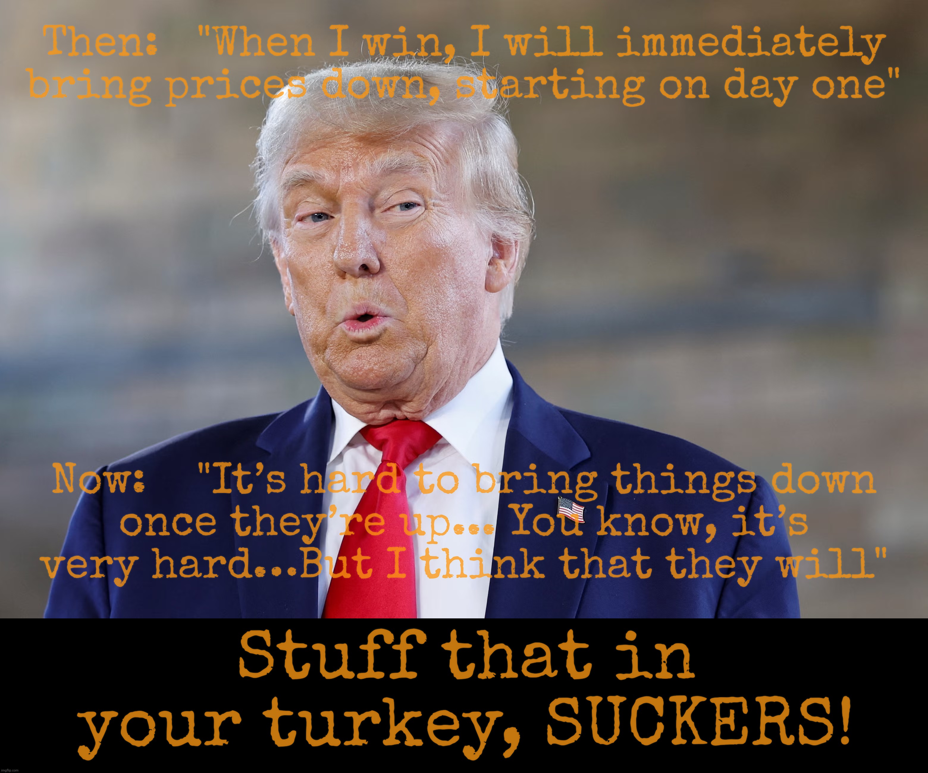 Promises, promises | Then:   "When I win, I will immediately bring prices down, starting on day one"; Now:    "It’s hard to bring things down
once they’re up... You know, it’s
very hard…But I think that they will"; Stuff that in your turkey, SUCKERS! | made w/ Imgflip meme maker