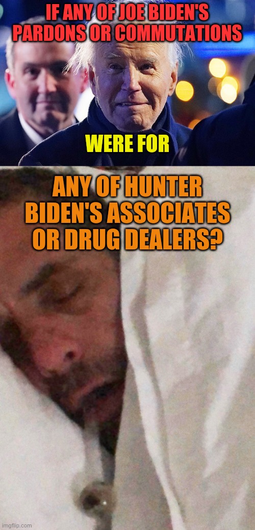 One Does Have To Wonder... | IF ANY OF JOE BIDEN'S PARDONS OR COMMUTATIONS; WERE FOR; ANY OF HUNTER BIDEN'S ASSOCIATES OR DRUG DEALERS? | image tagged in hunter biden cracker pipe,drug dealer,joe biden,pardon,politics,memes | made w/ Imgflip meme maker