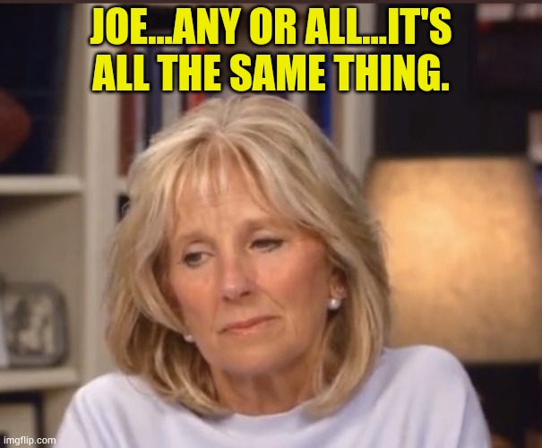 Jill Biden meme | JOE...ANY OR ALL...IT'S ALL THE SAME THING. | image tagged in jill biden meme | made w/ Imgflip meme maker