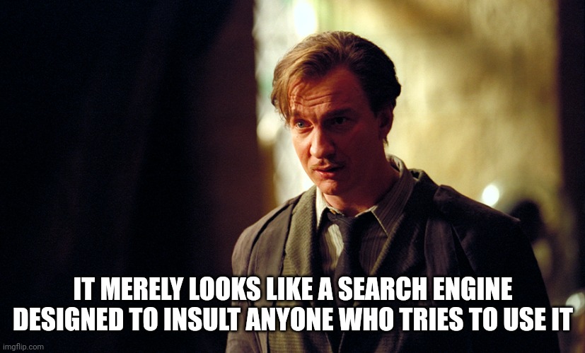 Earnest Remus Lupin | IT MERELY LOOKS LIKE A SEARCH ENGINE DESIGNED TO INSULT ANYONE WHO TRIES TO USE IT | image tagged in earnest remus lupin | made w/ Imgflip meme maker
