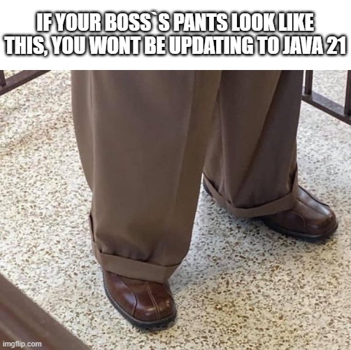 Legacy Code, Legacy Style: Stuck in Java 8 Forever | IF YOUR BOSS`S PANTS LOOK LIKE THIS, YOU WONT BE UPDATING TO JAVA 21 | image tagged in boss pants,java | made w/ Imgflip meme maker