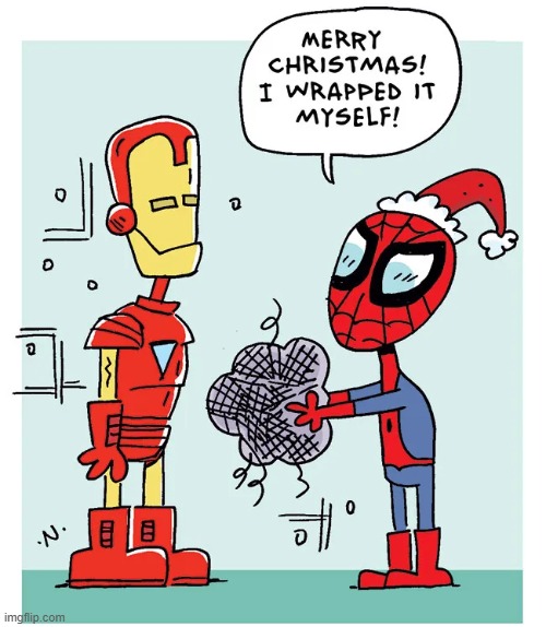 image tagged in spider-man,iron man,present,spiderweb,wrapping,christmas | made w/ Imgflip meme maker