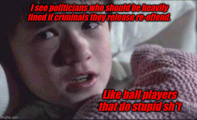 The Wallet Sense | I see politicians who should be heavily fined if criminals they release re-offend. Like ball players that do stupid sh*t | image tagged in memes,i see dead people,political meme,politics,funny memes,funny | made w/ Imgflip meme maker