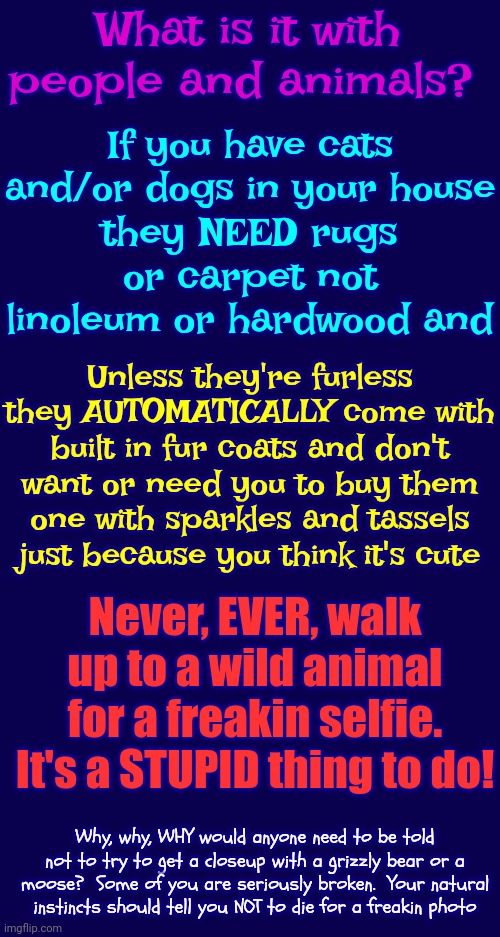 If You Find Yourself Trying To Take A Selfie With A Deadly Animal & Are Willing To Die For It YOU FORGOT YOUR MEDS!  SEEK HELP!! | What is it with people and animals? If you have cats and/or dogs in your house; they NEED rugs or carpet not linoleum or hardwood and; Unless they're furless they AUTOMATICALLY come with built in fur coats and don't want or need you to buy them one with sparkles and tassels just because you think it's cute; Never, EVER, walk up to a wild animal for a freakin selfie.
It's a STUPID thing to do! Why, why, WHY would anyone need to be told not to try to get a closeup with a grizzly bear or a moose?  Some of you are seriously broken.  Your natural instincts should tell you NOT to die for a freakin photo | image tagged in animals,animal kingdom,wild animals,domesticated animals,dumb people,memes | made w/ Imgflip meme maker