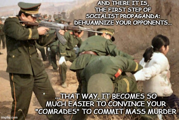 AND THERE IT IS, THE FIRST STEP OF SOCIALIST PROPAGANDA: DEHUAMNIZE YOUR OPPONENTS... ...THAT WAY, IT BECOMES SO MUCH EASIER TO CONVINCE YOU | image tagged in communist execution | made w/ Imgflip meme maker