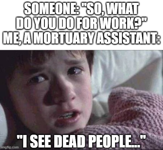 *insert hilarious title* | SOMEONE: "SO, WHAT DO YOU DO FOR WORK?"
ME, A MORTUARY ASSISTANT:; "I SEE DEAD PEOPLE..." | image tagged in memes,i see dead people,funny,dad joke,dank memes,i diagnose you with dead | made w/ Imgflip meme maker