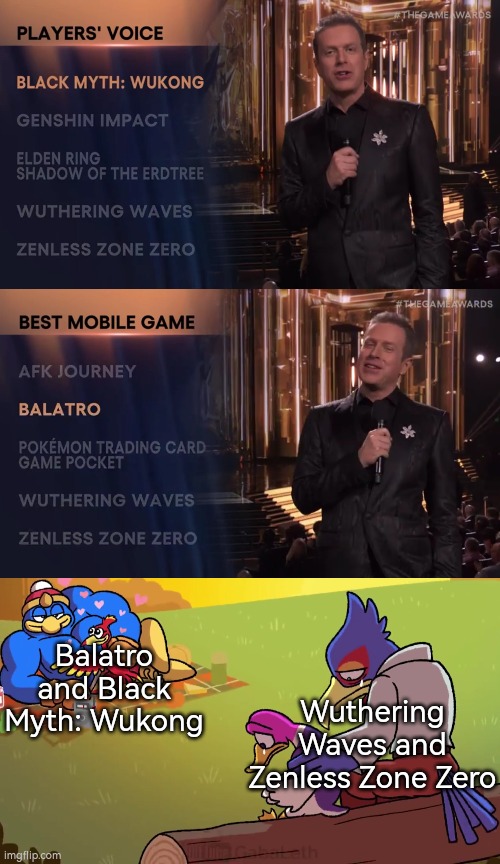 At least the toxic community war from Wuthering Waves and Zenless Zone Zero are peace for now. | Wuthering Waves and Zenless Zone Zero; Balatro and Black Myth: Wukong | image tagged in game awards | made w/ Imgflip meme maker