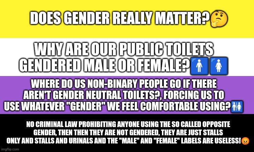 Non-binary protest sign | DOES GENDER REALLY MATTER?🤔; WHY ARE OUR PUBLIC TOILETS GENDERED MALE OR FEMALE?🚹🚺; WHERE DO US NON-BINARY PEOPLE GO IF THERE AREN'T GENDER NEUTRAL TOILETS?, FORCING US TO USE WHATEVER "GENDER" WE FEEL COMFORTABLE USING?🚻; NO CRIMINAL LAW PROHIBITING ANYONE USING THE SO CALLED OPPOSITE GENDER, THEN THEN THEY ARE NOT GENDERED, THEY ARE JUST STALLS ONLY AND STALLS AND URINALS AND THE "MALE" AND "FEMALE" LABELS ARE USELESS!😡 | image tagged in nonbinary,gender identity,gender fluid,gender reveal,transgender,transgender bathroom | made w/ Imgflip meme maker