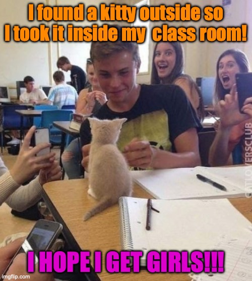 kitty | I found a kitty outside so I took it inside my  class room! I HOPE I GET GIRLS!!! | image tagged in cats,funny | made w/ Imgflip meme maker