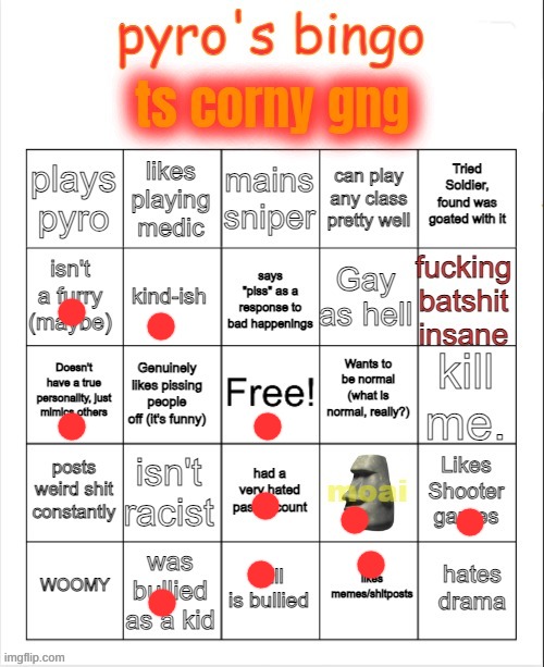 i'm moring | image tagged in pyro's bingo | made w/ Imgflip meme maker