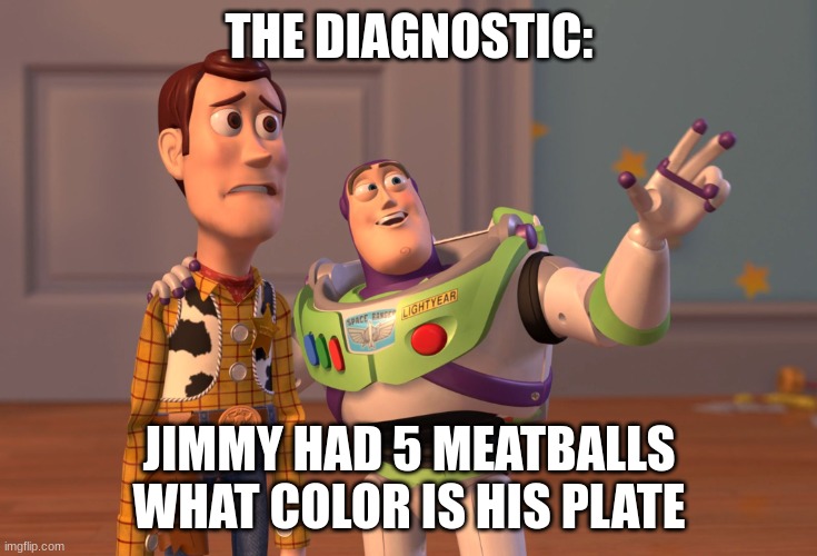 X, X Everywhere | THE DIAGNOSTIC:; JIMMY HAD 5 MEATBALLS WHAT COLOR IS HIS PLATE | image tagged in memes,x x everywhere | made w/ Imgflip meme maker