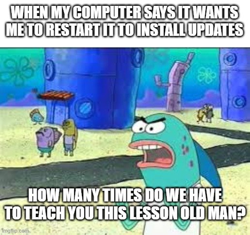 no thanks I will not be restarting today | WHEN MY COMPUTER SAYS IT WANTS ME TO RESTART IT TO INSTALL UPDATES; HOW MANY TIMES DO WE HAVE TO TEACH YOU THIS LESSON OLD MAN? | image tagged in how many time do i have to teach you this lesson old man | made w/ Imgflip meme maker