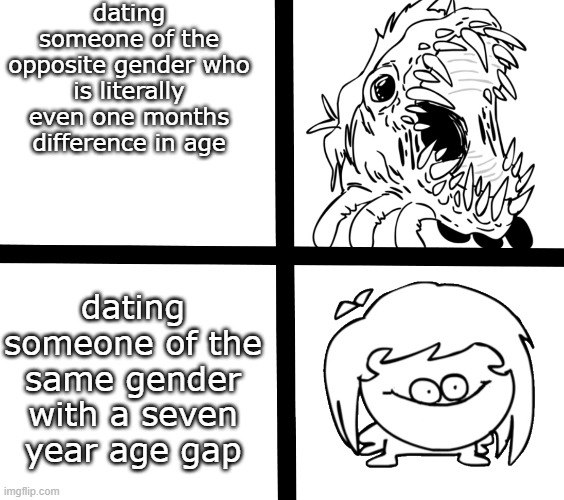 msmg be like v2 | dating someone of the opposite gender who is literally even one months difference in age; dating someone of the same gender with a seven year age gap | image tagged in sr pelo ill meme | made w/ Imgflip meme maker