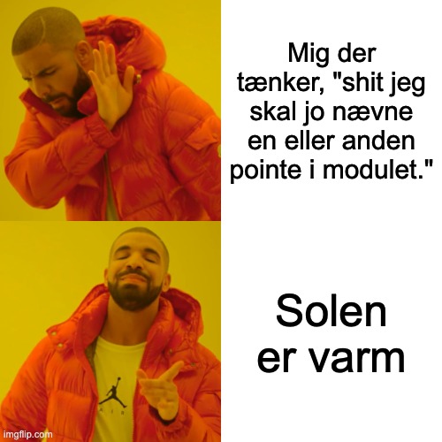 Drake Hotline Bling Meme | Mig der tænker, "shit jeg skal jo nævne en eller anden pointe i modulet."; Solen er varm | image tagged in memes,drake hotline bling | made w/ Imgflip meme maker