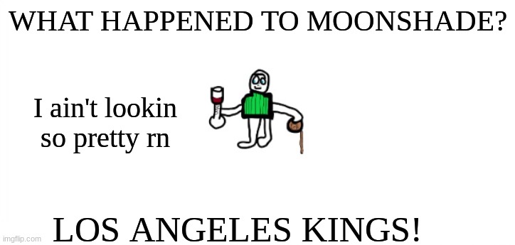 Zincheo announcement temp | WHAT HAPPENED TO MOONSHADE? I ain't lookin so pretty rn; LOS ANGELES KINGS! | image tagged in only real imgflip og's would know what i'm talking about,what happened | made w/ Imgflip meme maker