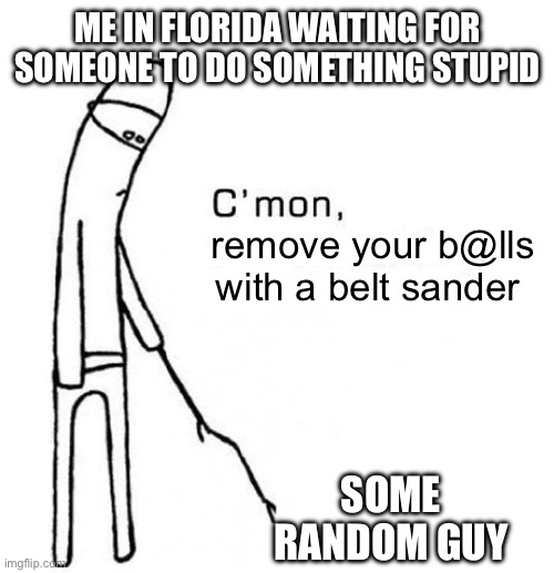 Florida man | ME IN FLORIDA WAITING FOR SOMEONE TO DO SOMETHING STUPID; remove your b@lls with a belt sander; SOME RANDOM GUY | image tagged in cmon do something | made w/ Imgflip meme maker