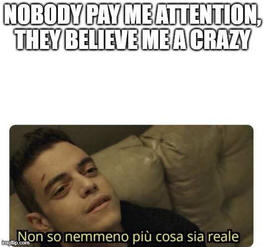 attention | NOBODY PAY ME ATTENTION, THEY BELIEVE ME A CRAZY | image tagged in non so nemmeno pi cosa sia reale | made w/ Imgflip meme maker