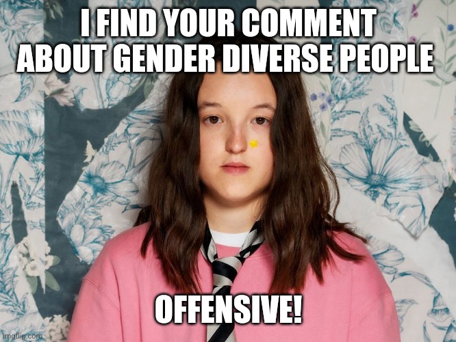 Bella Ramsey | I FIND YOUR COMMENT ABOUT GENDER DIVERSE PEOPLE OFFENSIVE! | image tagged in bella ramsey | made w/ Imgflip meme maker