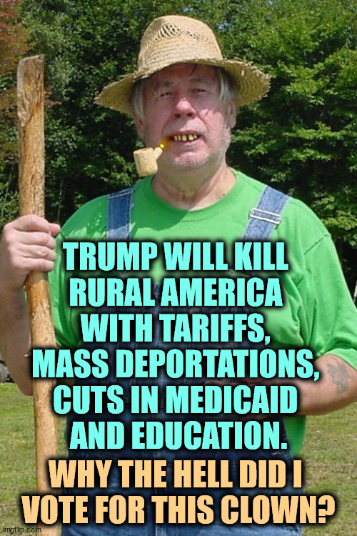 Trump voters have buyers remorse. | TRUMP WILL KILL 
RURAL AMERICA 
WITH TARIFFS, 

MASS DEPORTATIONS, 
CUTS IN MEDICAID 
AND EDUCATION. WHY THE HELL DID I 
VOTE FOR THIS CLOWN? | image tagged in redneck farmer,trump,tariffs,deportation,medicaid,education | made w/ Imgflip meme maker