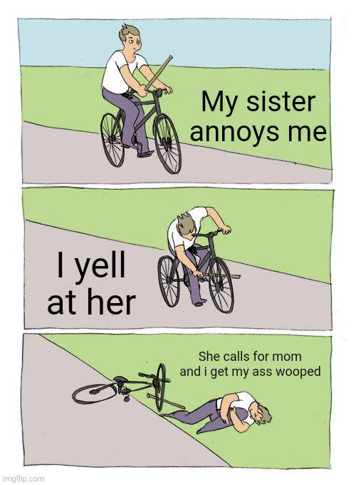 We all can agree about this. | My sister annoys me; I yell at her; She calls for mom and i get my ass whooped | image tagged in memes,bike fall,siblings | made w/ Imgflip meme maker