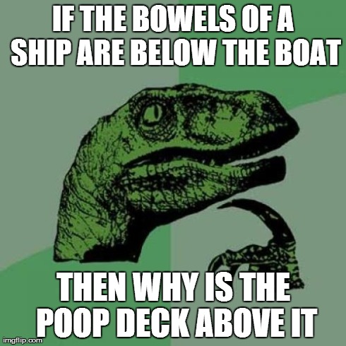 Philosoraptor | IF THE BOWELS OF A SHIP ARE BELOW THE BOAT THEN WHY IS THE POOP DECK ABOVE IT | image tagged in memes,philosoraptor | made w/ Imgflip meme maker