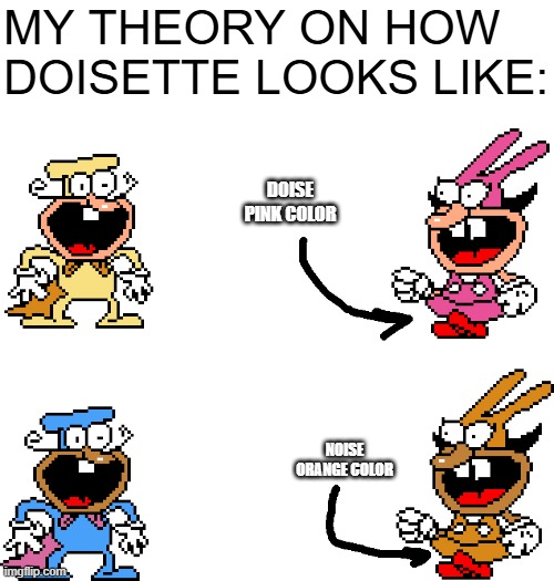 MY THEORY ON HOW DOISETTE LOOKS LIKE:; DOISE PINK COLOR; NOISE ORANGE COLOR | image tagged in pizza tower,noise | made w/ Imgflip meme maker