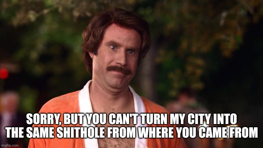 Ron Burgundy - Big Deal | SORRY, BUT YOU CAN'T TURN MY CITY INTO THE SAME SHITHOLE FROM WHERE YOU CAME FROM | image tagged in ron burgundy - big deal | made w/ Imgflip meme maker