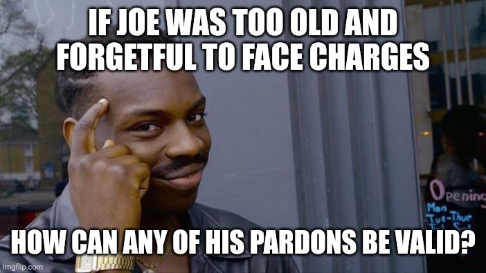 "Use the farce" | IF JOE WAS TOO OLD AND FORGETFUL TO FACE CHARGES; HOW CAN ANY OF HIS PARDONS BE VALID? | image tagged in memes,roll safe think about it | made w/ Imgflip meme maker